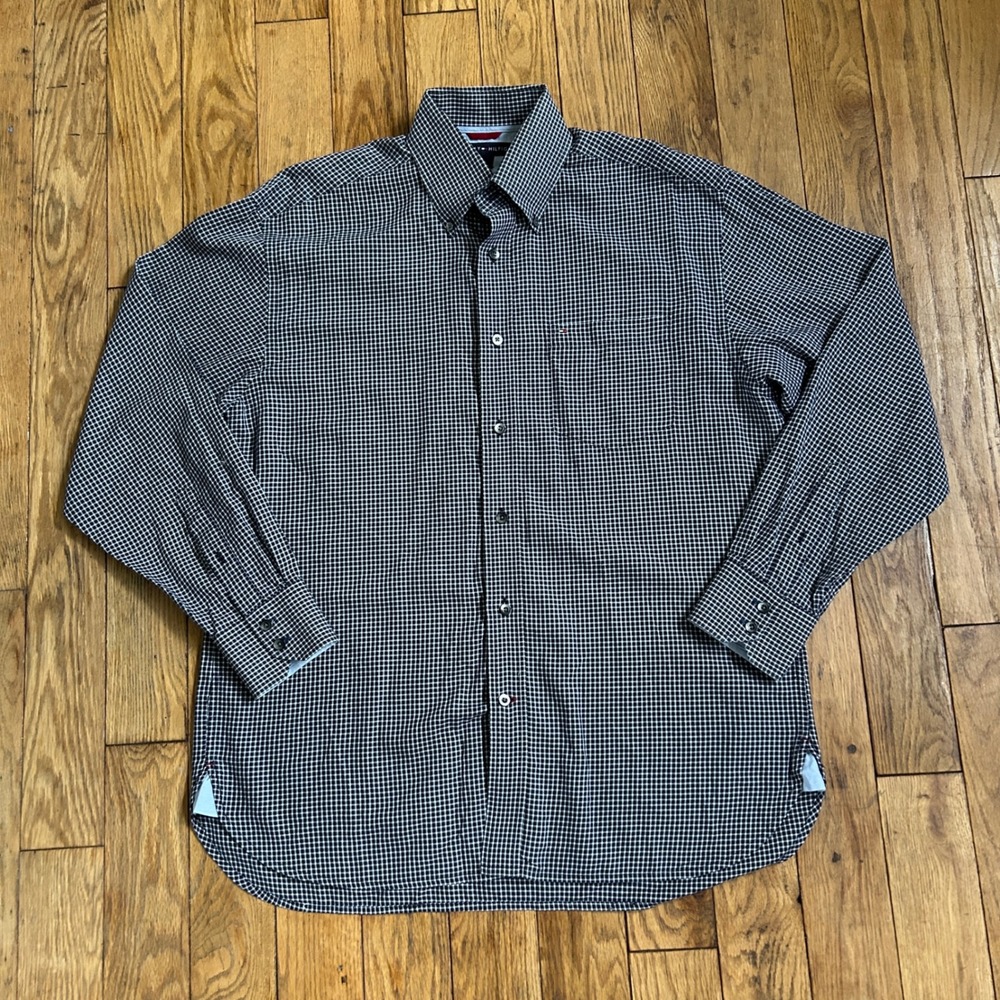 Tommy Hilfiger Mens Vintage Black White Gingham Check Button Down Shirt M Cotton